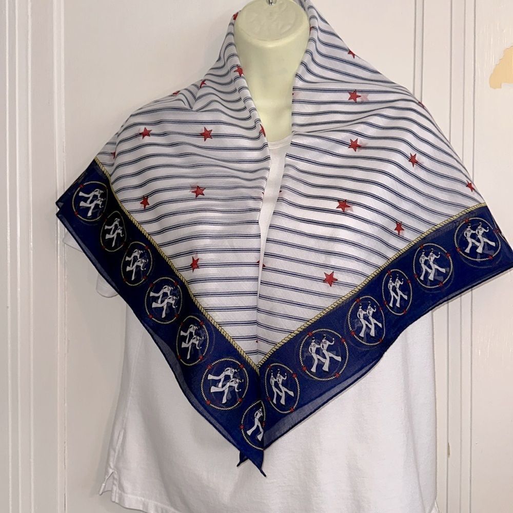 Vintage 60s Norman Red, White & Blue Sailor Print Very Large Square Scarf - Picture 7 of 8